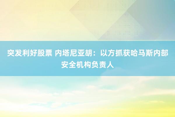 突发利好股票 内塔尼亚胡：以方抓获哈马斯内部安全机构负责人